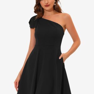 Bow One Shoulder Sleeveless Pockets A-Line Midi Dress Black/XS - Allegra K catalog