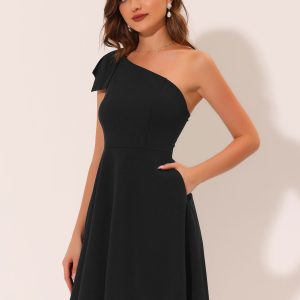 Bow One Shoulder Sleeveless Pockets A-Line Midi Dress Black/L - Allegra K catalog