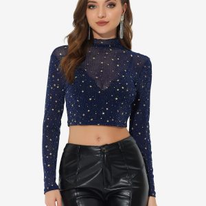 Mesh Crop Top Stars Mock Neck Party See Through Blouse Dark Blue/XL - Allegra K catalog