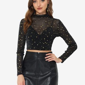 Mesh Crop Top Stars Mock Neck Party See Through Blouse Black/S - Allegra K catalog