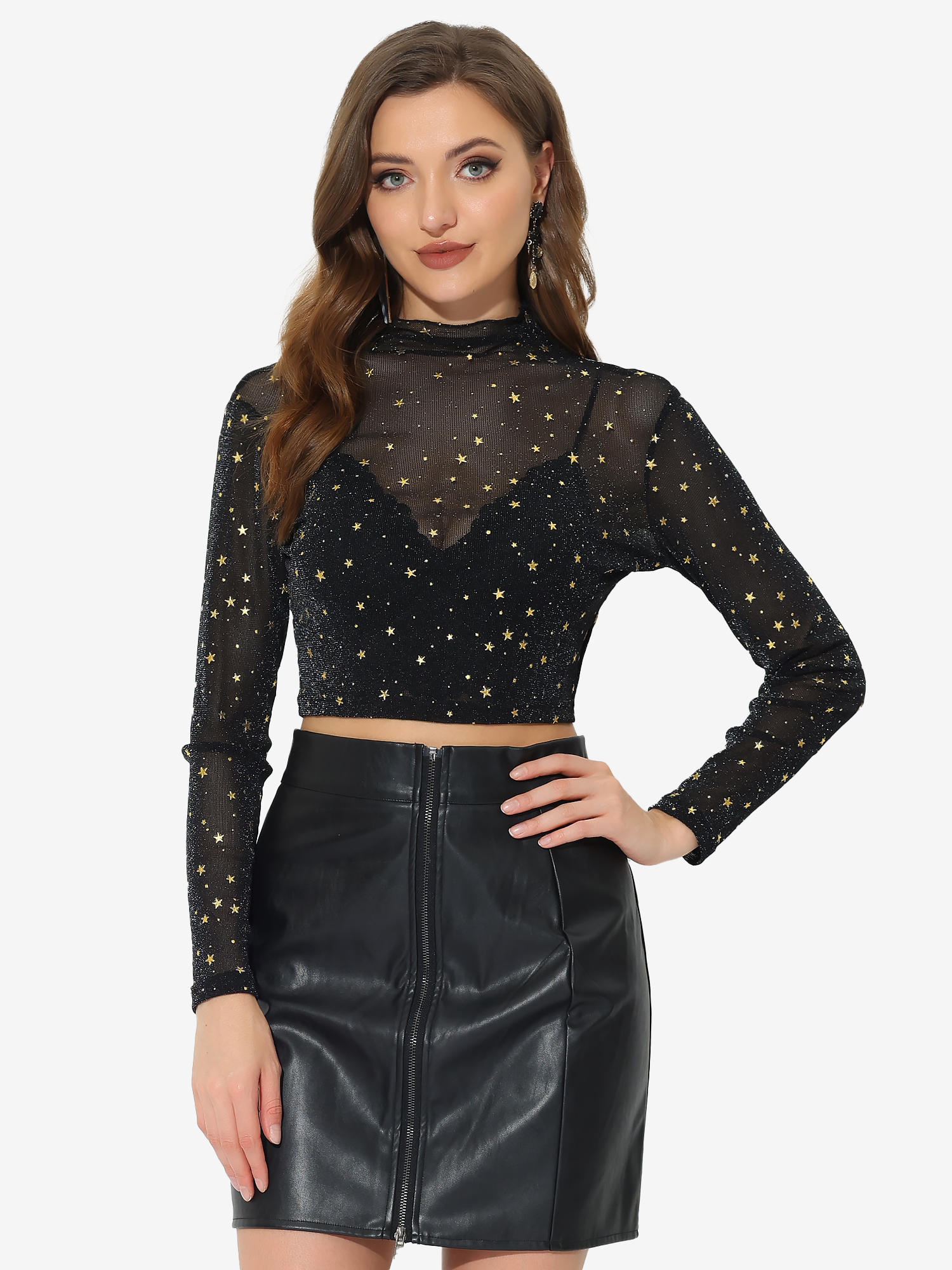 Mesh Crop Top Stars Mock Neck Party See Through Blouse Black/M - Allegra K catalog