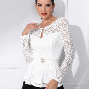 Lace Tops Keyhole Front Peplum Hem Sheer Long Sleeve Blouse White/XS - Allegra K catalog