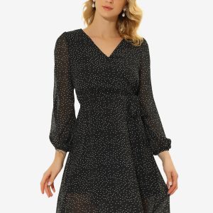 Chiffon Floral V Neck Tie Waist Bishop Sleeve Casual Wrap Midi Dress Black-Dots/XS - Allegra K catalog
