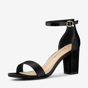 Satin Open Toe Ankle Strap Chunky Heel Sandals Black/8 - Allegra K catalog