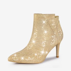 Glitter Pointed Toe Zipper Stiletto Heel Ankle Boots Gold/8 - Allegra K catalog