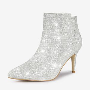 Glitter Pointed Toe Zipper Stiletto Heel Ankle Boots Silver/9 - Allegra K catalog