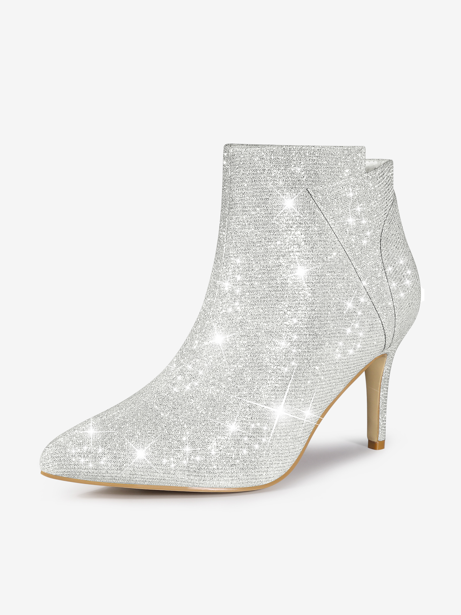 Glitter Pointed Toe Zipper Stiletto Heel Ankle Boots Silver/9 - Allegra K catalog