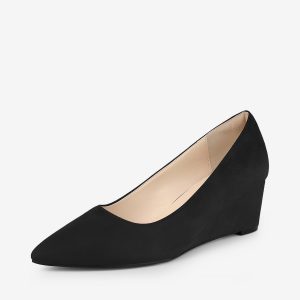 Faux Suede Solid Color Pointed Toe Slip On Wedge Heel Pumps Black/6 - Allegra K catalog