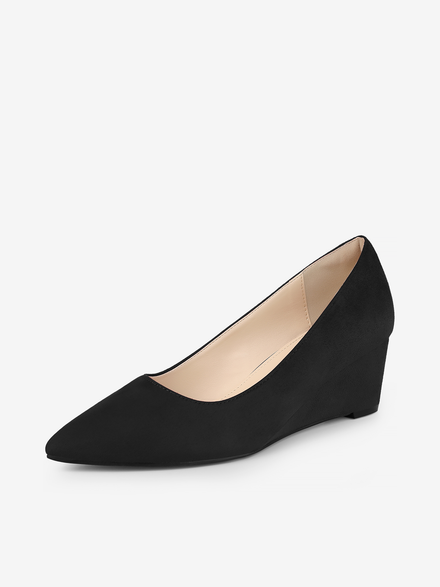 Faux Suede Solid Color Pointed Toe Slip On Wedge Heel Pumps Black/8 - Allegra K catalog