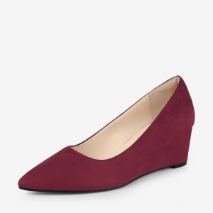Faux Suede Solid Color Pointed Toe Slip On Wedge Heel Pumps Burgundy/7 - Allegra K catalog