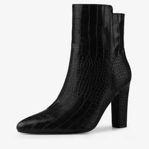 Crocodile Printed Pointed Toe Chunky Heel Ankle Boots Black/11 - Allegra K catalog