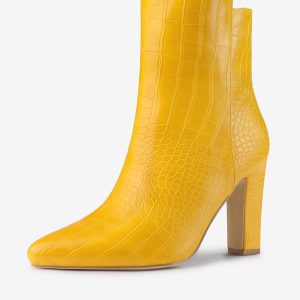 Crocodile Printed Pointed Toe Chunky Heel Ankle Boots Yellow/9 - Allegra K catalog