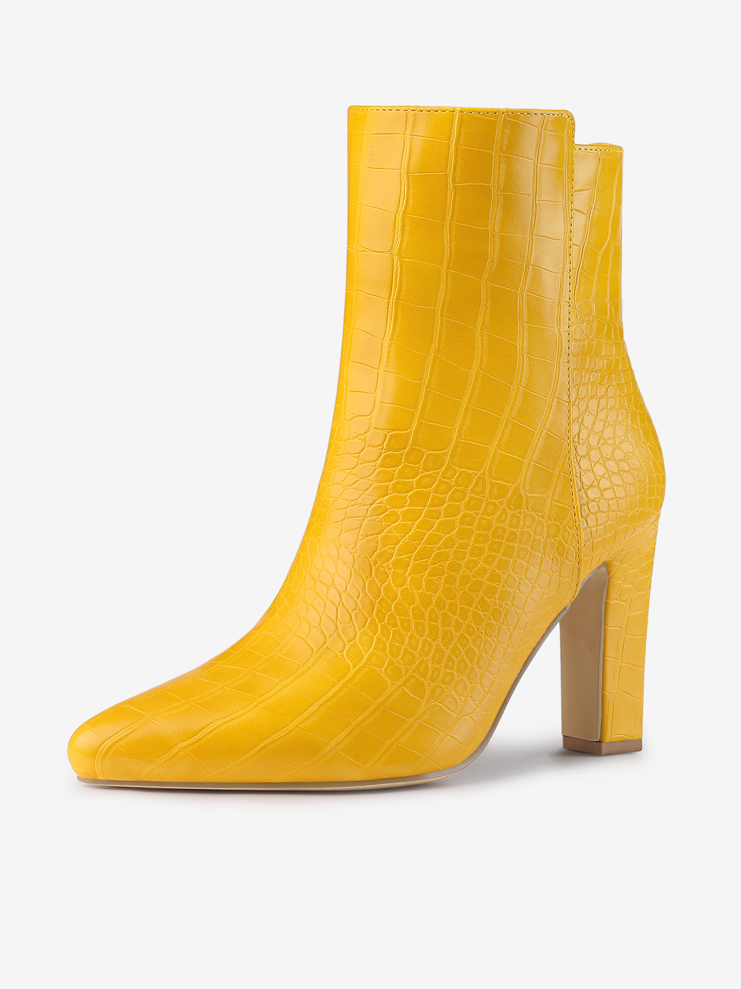Crocodile Printed Pointed Toe Chunky Heel Ankle Boots Yellow/9 - Allegra K catalog