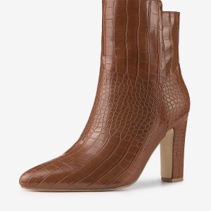 Crocodile Printed Pointed Toe Chunky Heel Ankle Boots Brown/6 - Allegra K catalog