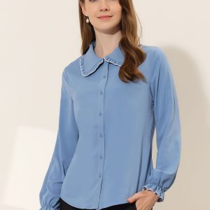 Sweet Ruffle Peter Pan Collar Long Sleeve Button Up Shirt Grey Blue/XS - Allegra K catalog