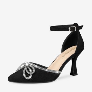 Rhinestones Bow Ankle Strap Stiletto Heel Sandals Pumps Black/7.5 - Allegra K catalog