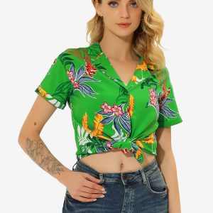 Hawaiian Tropical Leaves Floral Short Sleeve Button Down Shirt Grass Green/XL - Allegra K catalog