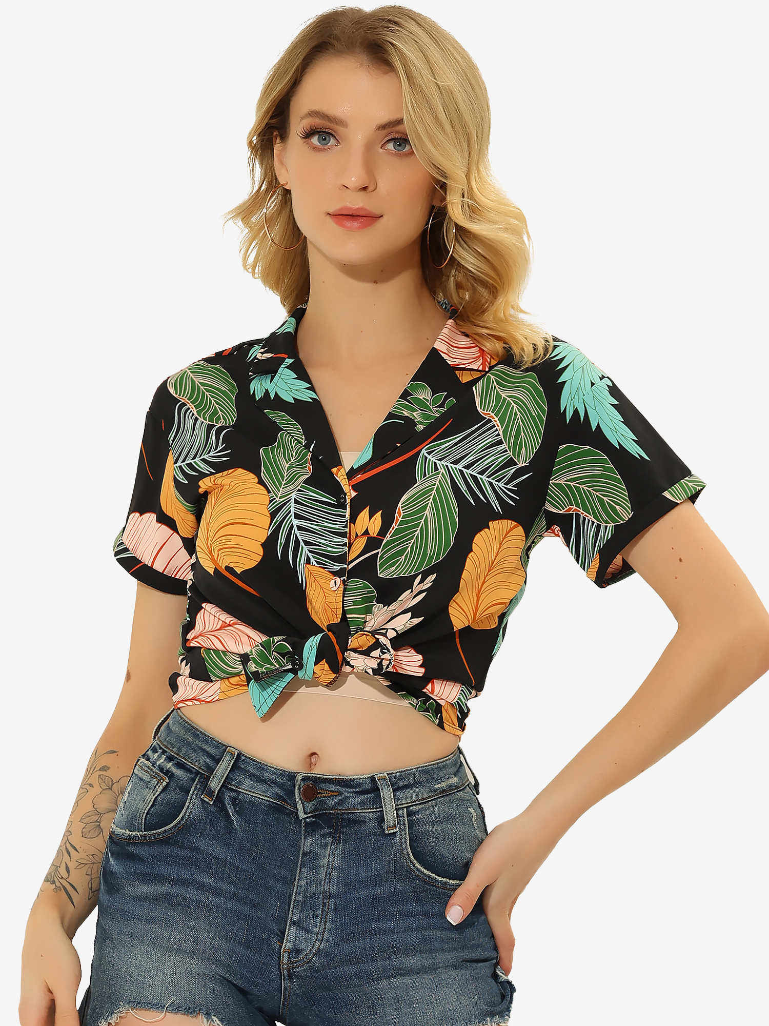 Hawaiian Floral Leaves Tropical Button Down Shirt Black Green/S - Allegra K catalog