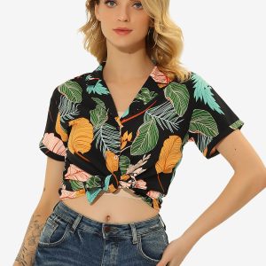 Hawaiian Floral Leaves Tropical Button Down Shirt Black Green/M - Allegra K catalog