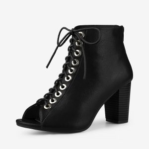 Peep Toe Lace Up Chunky Heel Ankle Booties Black/8.5 - Allegra K catalog