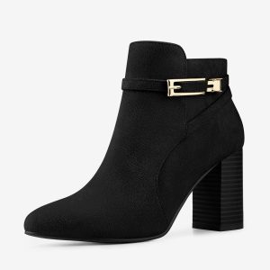 Round Toe Buckle Chunky Heel Ankle Boots Black/9 - Allegra K catalog