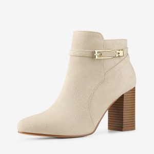 Round Toe Buckle Chunky Heel Ankle Boots Beige/6 - Allegra K catalog