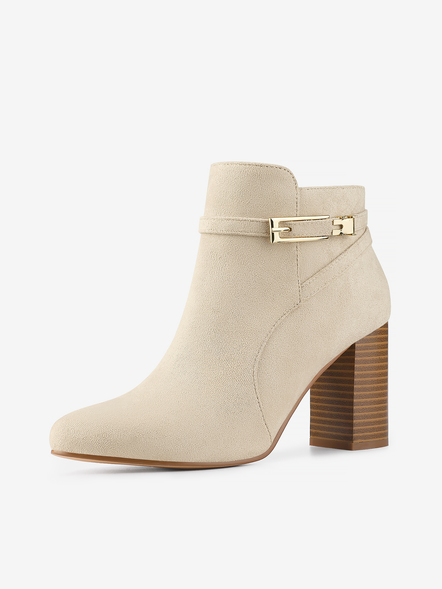 Round Toe Buckle Chunky Heel Ankle Boots Beige/6 - Allegra K catalog