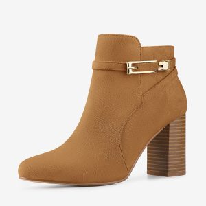 Round Toe Buckle Chunky Heel Ankle Boots Brown/6 - Allegra K catalog