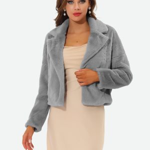 Allegra K Cropped Notch Lapel Faux Fur Fluffy Jacket Grey/S - Allegra K catalog