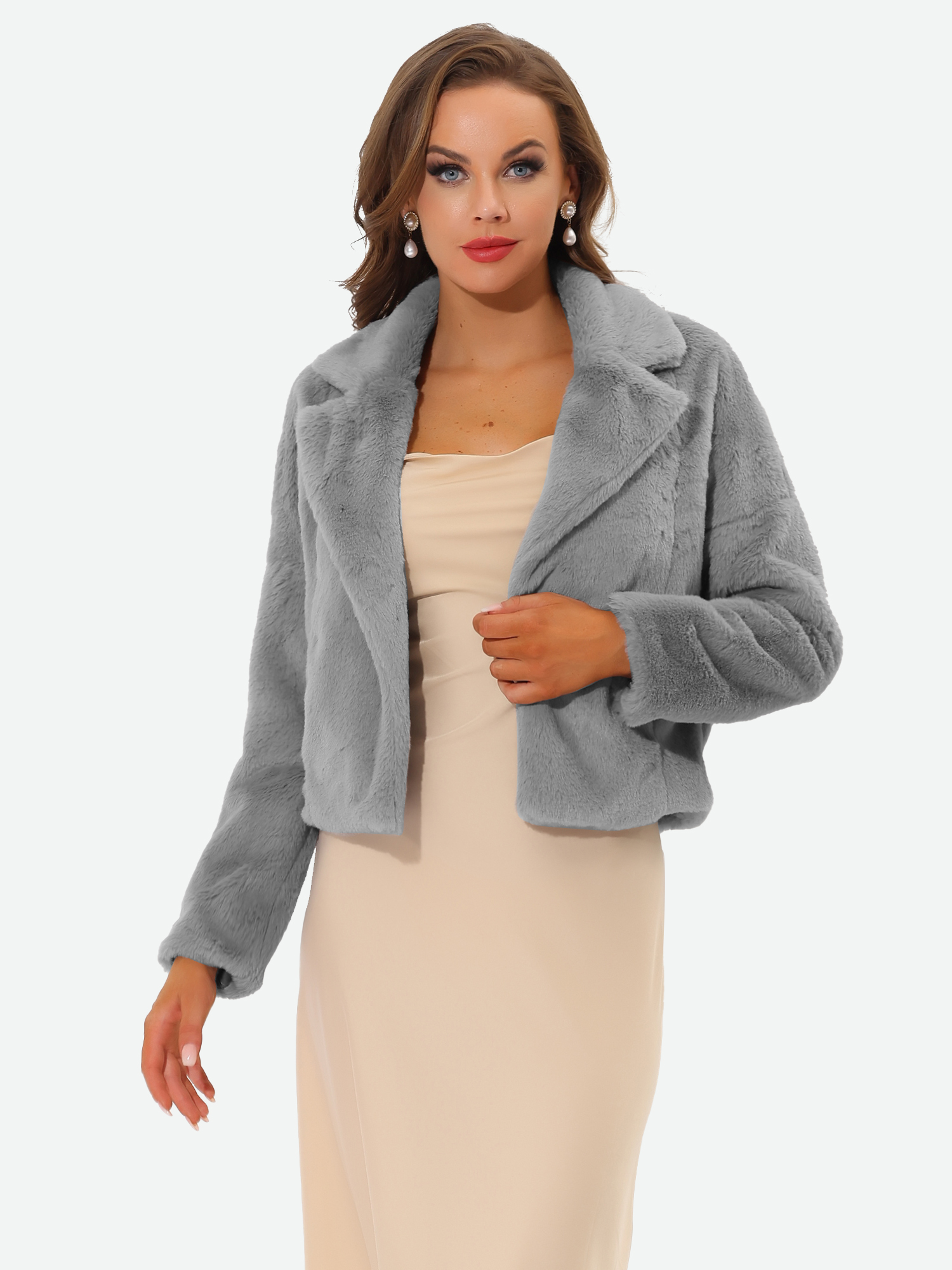 Allegra K Cropped Notch Lapel Faux Fur Fluffy Jacket Grey/XL - Allegra K catalog