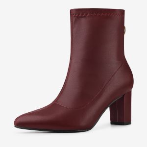 Pointy Toe Back Zip Block Heel Ankle Boots Burgundy/7 - Allegra K catalog