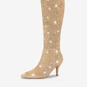 Sparkle Glitter Pointy Toe Stiletto Heel Knee High Boots Gold/9 - Allegra K catalog