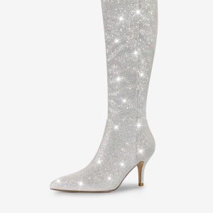 Sparkle Glitter Pointy Toe Stiletto Heel Knee High Boots Silver/8 - Allegra K catalog