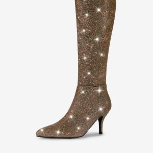 Sparkle Glitter Pointy Toe Stiletto Heel Knee High Boots Dark Brown/10 - Allegra K catalog