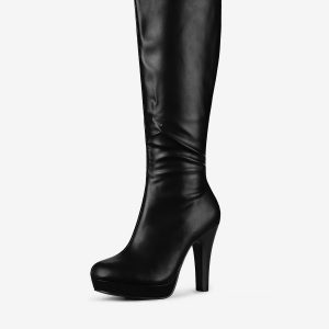 Faux Leather Chunky Heel Round Toe Zipper Platform Knee High Boots Black/7 - Allegra K catalog