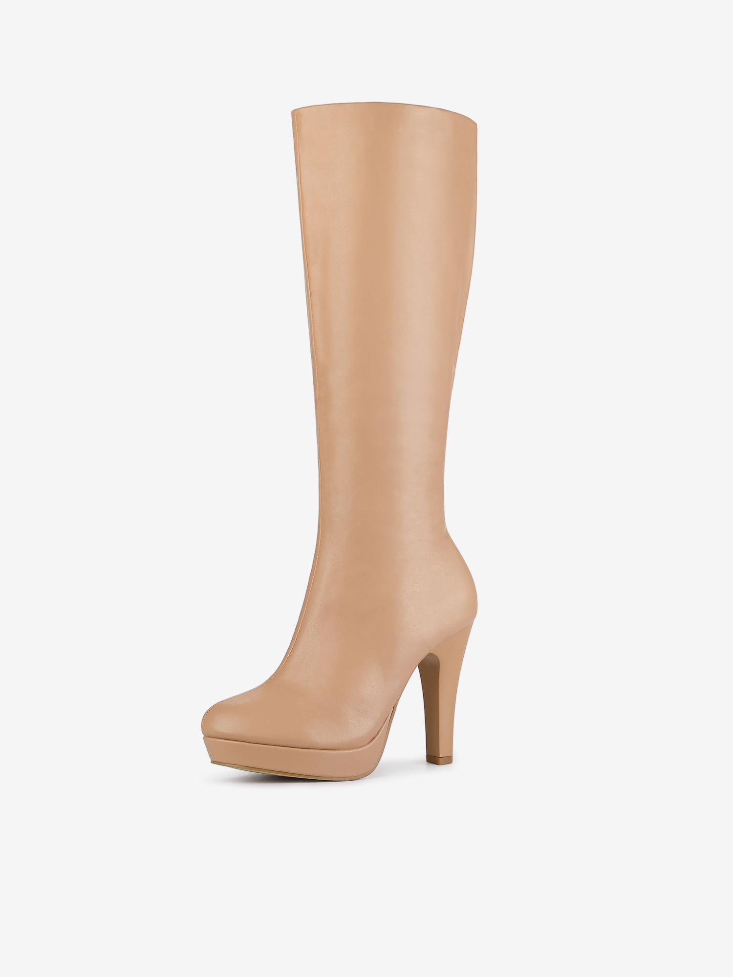 Faux Leather Chunky Heel Round Toe Zipper Platform Knee High Boots Nude/7 - Allegra K catalog