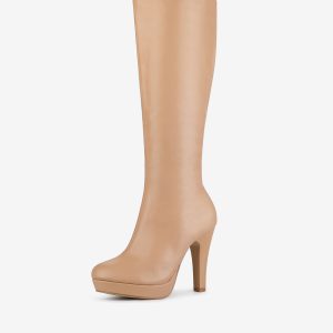 Faux Leather Chunky Heel Round Toe Zipper Platform Knee High Boots Nude/11 - Allegra K catalog