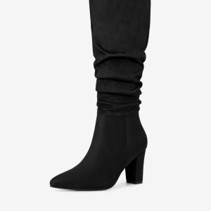 Slouchy Pointed Toe Chunky Heel Knee High Boots Black/7 - Allegra K catalog