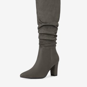Slouchy Pointed Toe Chunky Heel Knee High Boots Grey/5.5 - Allegra K catalog