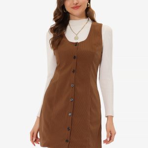 Corduroy Overall Scoop Neck Sleeveless Button Pinefore Dress Brown/XS - Allegra K catalog