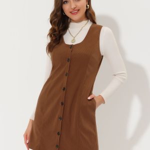 Corduroy Overall Scoop Neck Sleeveless Button Pinefore Dress Brown/L - Allegra K catalog