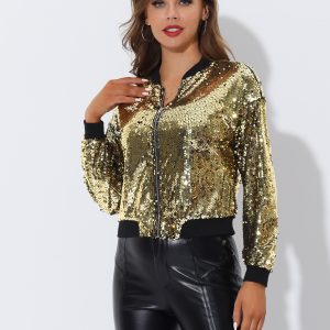 Sequin Sparkle Party Long Sleeve Zipper Bomber Jacket Gold/L - Allegra K catalog