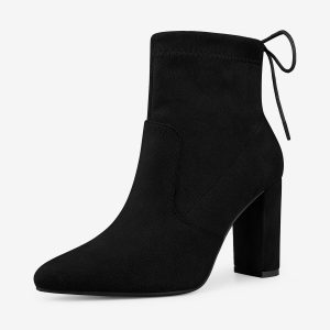 Pointed Toe Drawstring Pull On Block Heel Ankle Boots Black/8.5 - Allegra K catalog