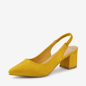 Faux Suede Pointed Toe Block Heel Slingback Pumps Yellow/7.5 - Allegra K catalog