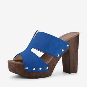 Faux Suede Platform High Block Heel Slides Sandals Deep Blue/9.5 - Allegra K catalog