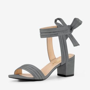 Faux Suede Open Toe Ankle Tie Back Block Heel Sandals Grey/5.5 - Allegra K catalog