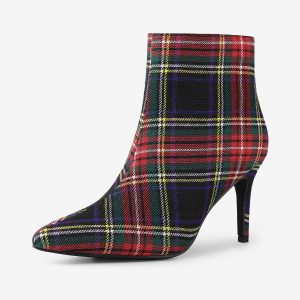 Plaid Pointed Toe Side Zip Stiletto Heel Ankle Boots Red Green/6 - Allegra K catalog