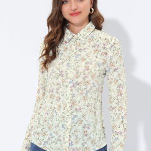 Button Down Floral Long Sleeve Point Collar Blouse Beige Pink/S - Allegra K catalog