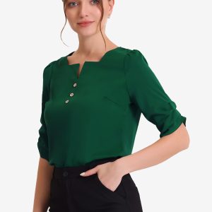 Square Neck Pleated Tops Ruched Sleeve Chiffon Office Work Blouse Dark Green/XS - Allegra K catalog
