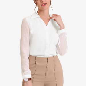 V Neck Point Collar Mesh Sleeve Button Down Work Office Shirt White/S - Allegra K catalog